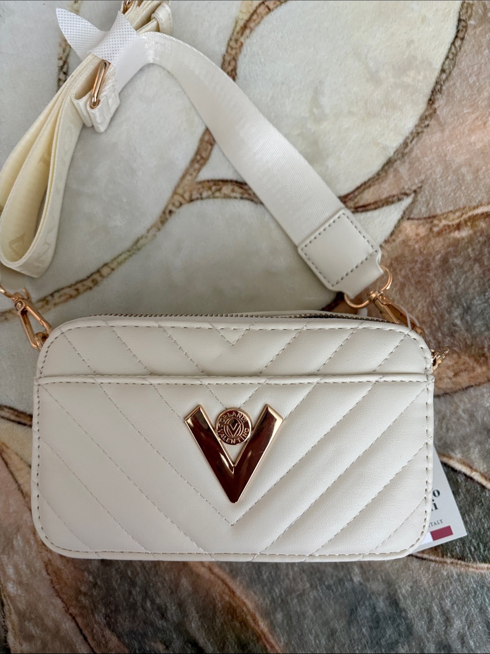 Valentino Orlandi Cream Quilted Crossbody with Gold V Accent